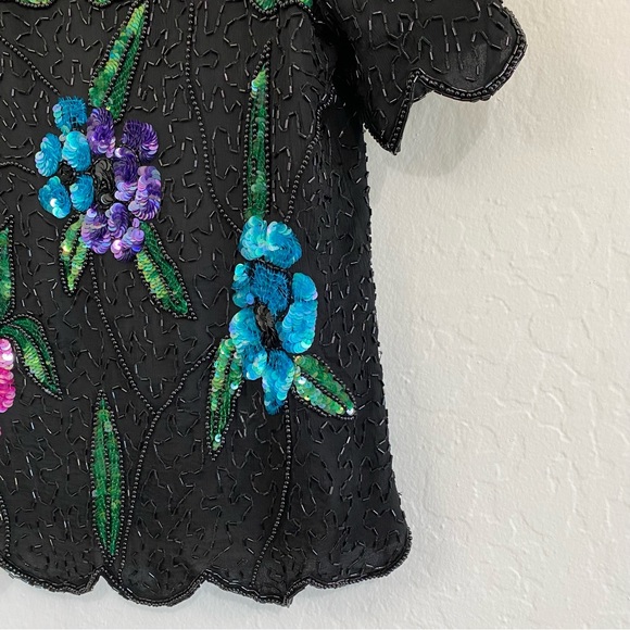 Stenay Vintage Women’s XL Fully Beaded Sequin Floral V Neck Top - Picture 5 of 6